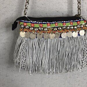 Elliot Mann Purse Beaded Fringe Coin Indie Firefly Boho Art to Wear Retro